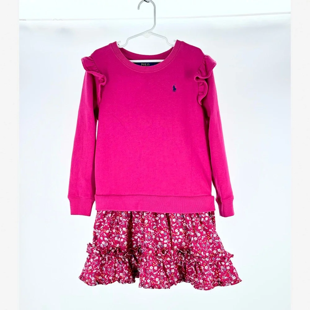 Polo Ralph Lauren Girls 6X Pink Floral Sweatshirt Dress Ruffle Sleeve